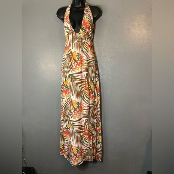 Forever 21 Cream and Orange Tropical Plunging halter Sundress - Picture 1 of 8